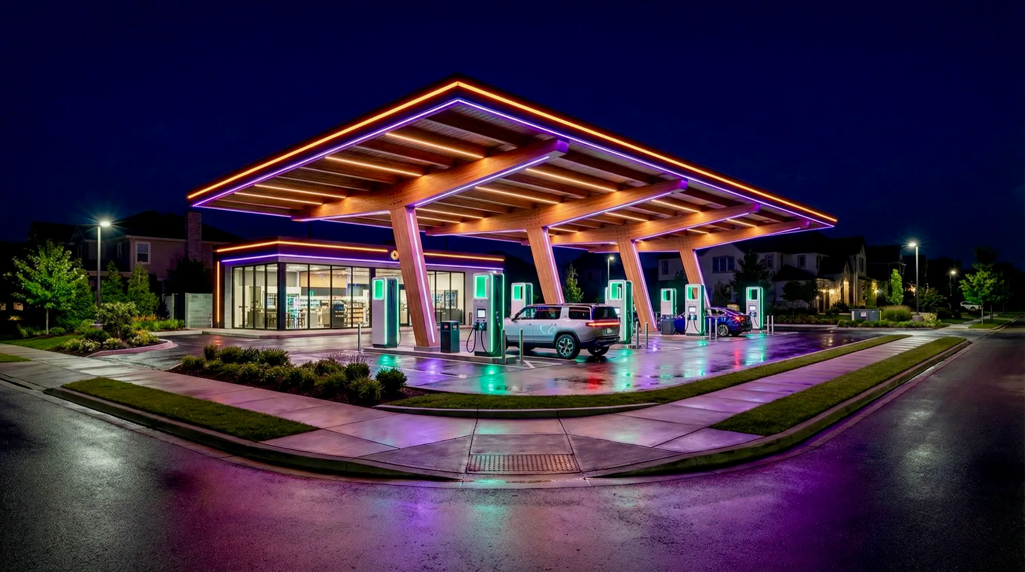 Concept rendering of a ChargeVia fast-charging stop illuminated at night beneath a timber canopy
