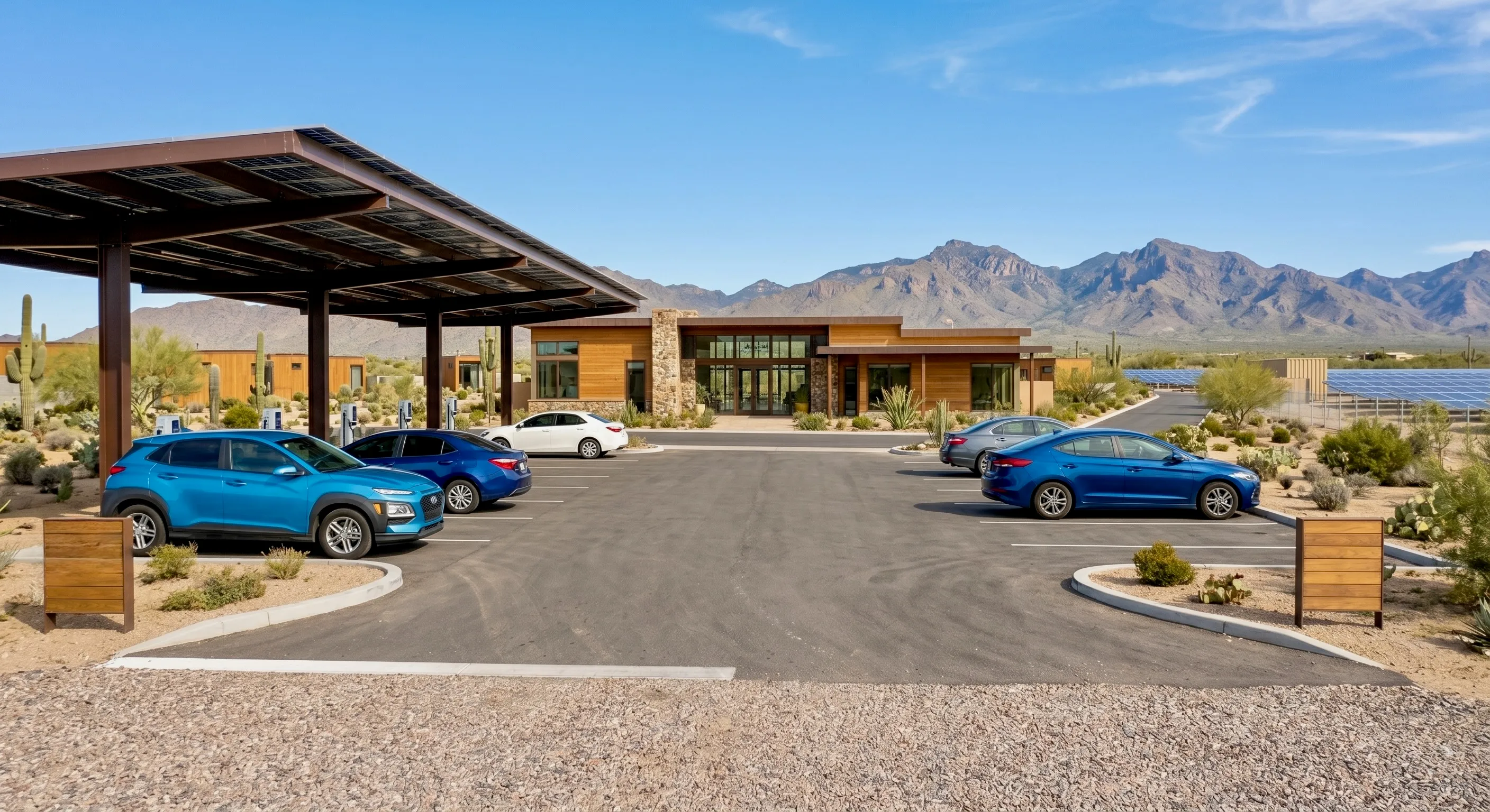A Summit clubhouse and charging canopy beneath desert mountains