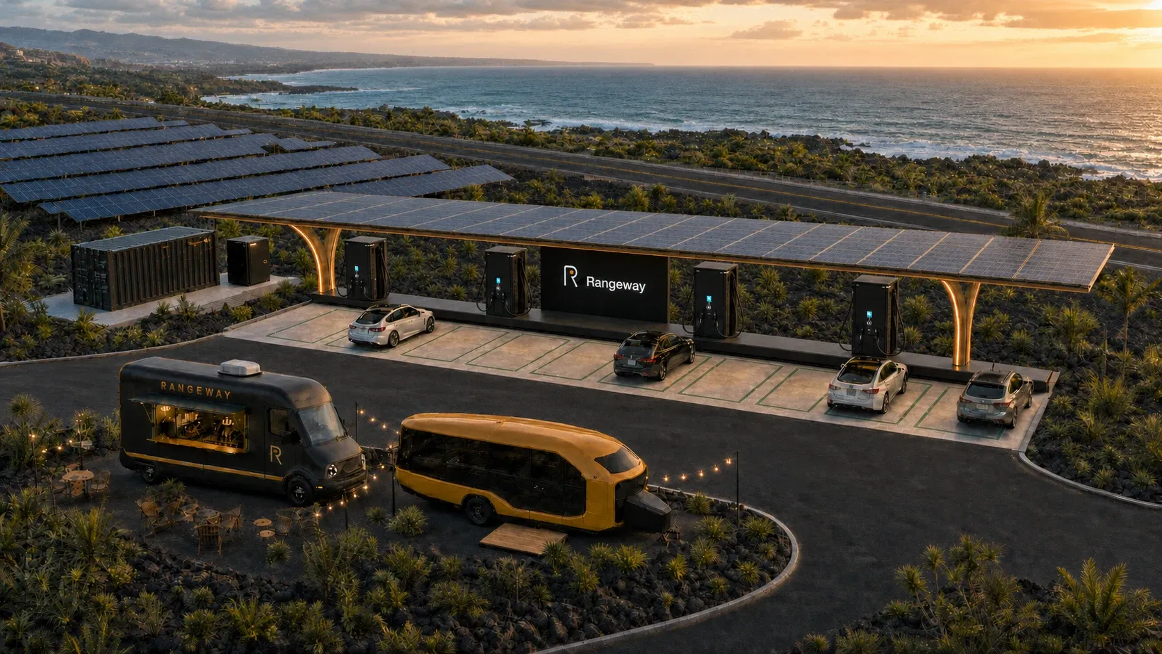 Concept rendering of a Rangeway Waystation with a lounge and covered charging spaces