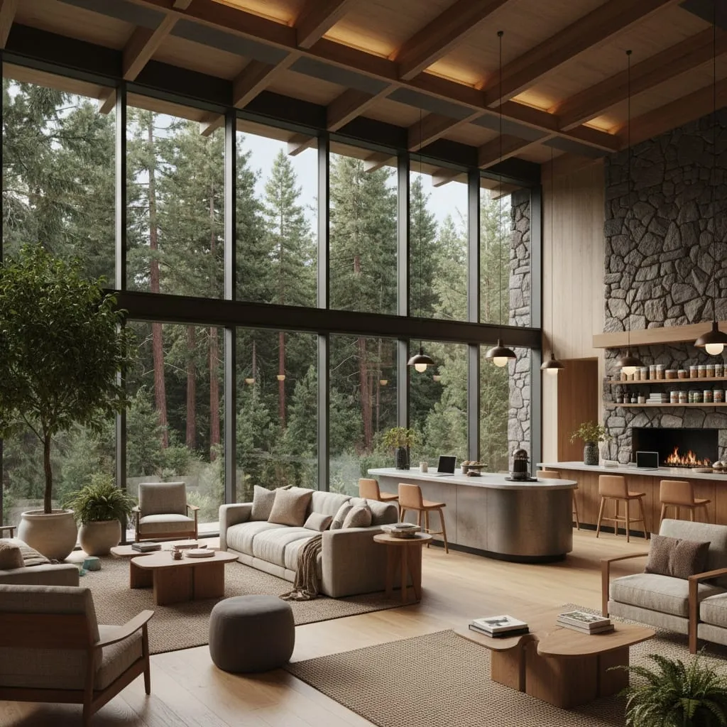 Concept rendering of a Rangeway lounge with seating, a cafe counter, fireplace, and forest views
