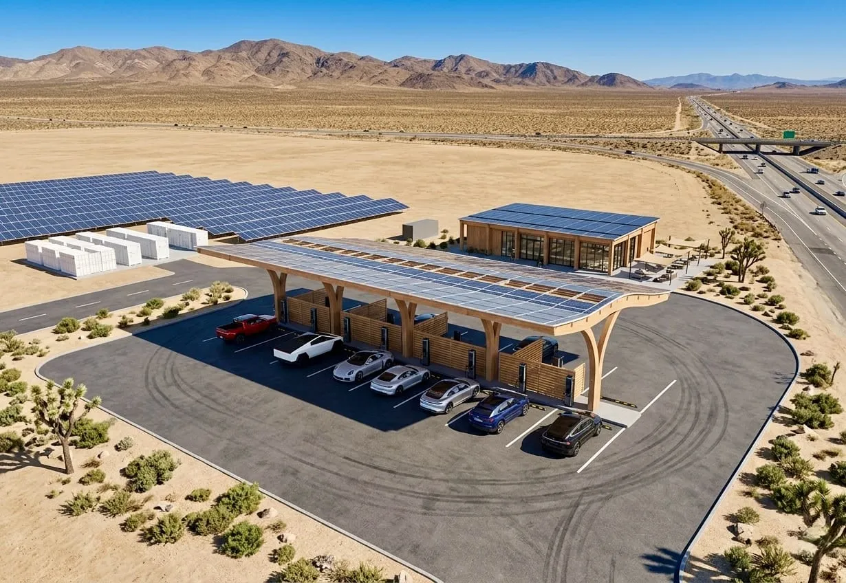 Concept rendering of a Rangeway Basecamp with solar charging canopy, lounge, and battery storage beside a desert highway