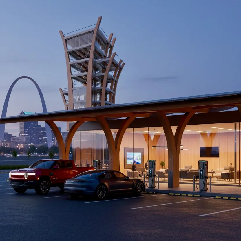 Concept rendering of a Rangeway Basecamp lounge and chargers with the Gateway Arch and timber tower in St. Louis