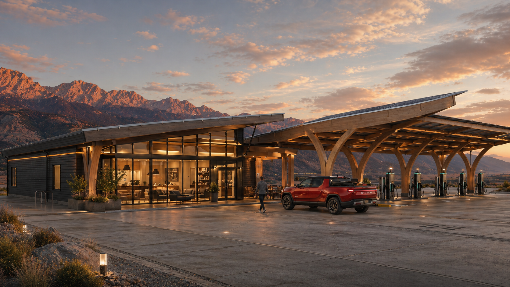A Rangeway Waystation at dusk with mountains beyond, a glowing driver's lounge, timber solar canopy, and a Rivian charging