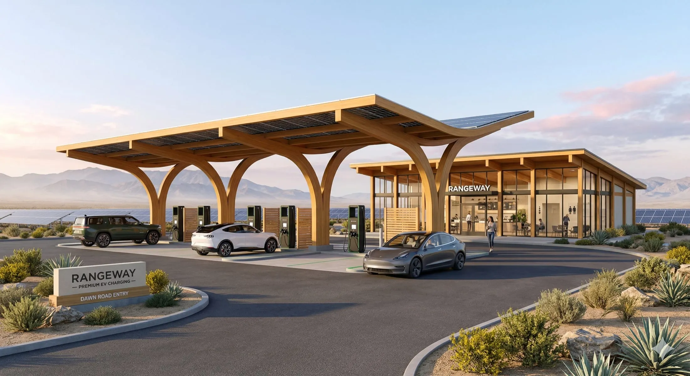 Concept rendering of a Rangeway charging plaza with a timber solar canopy and glass-walled lounge in a desert mountain landscape