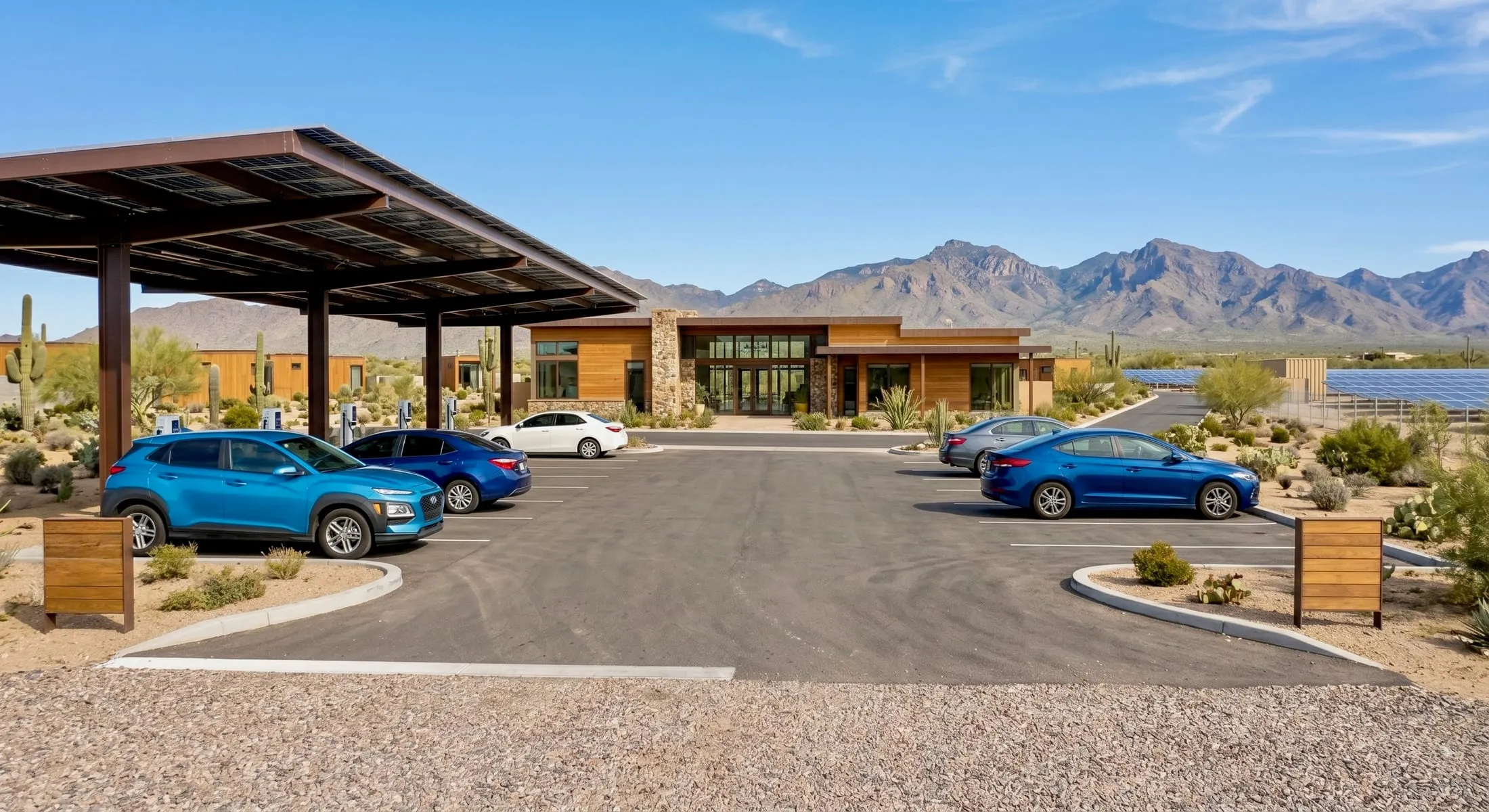 Concept rendering of a Rangeway Summit clubhouse and solar charging canopy in a desert mountain landscape