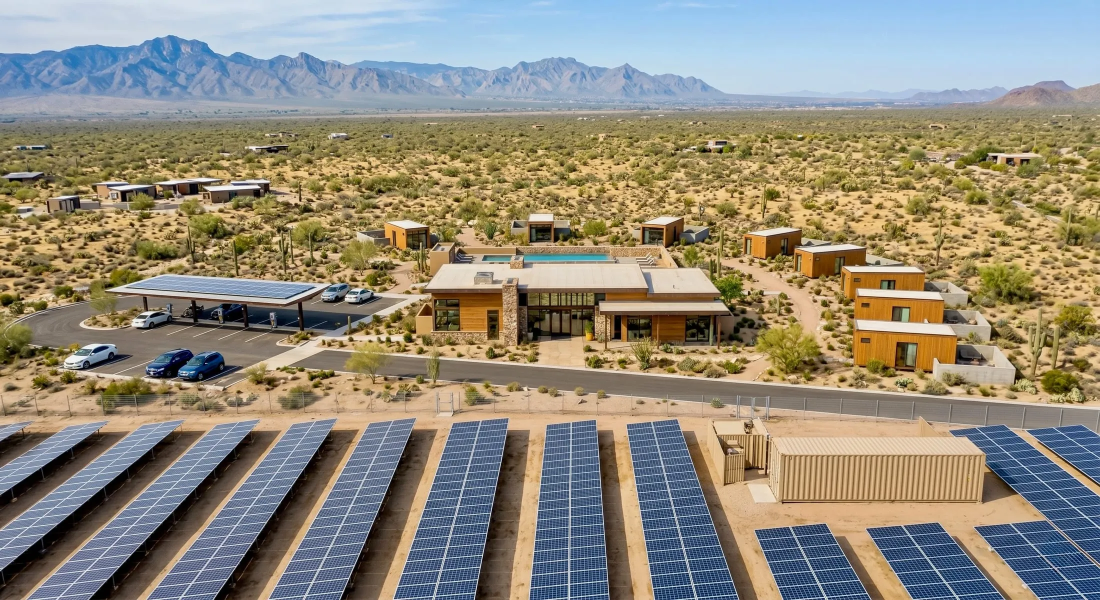 Concept rendering of a Rangeway Summit clubhouse, Lookouts, charging canopy, and solar arrays in a desert landscape