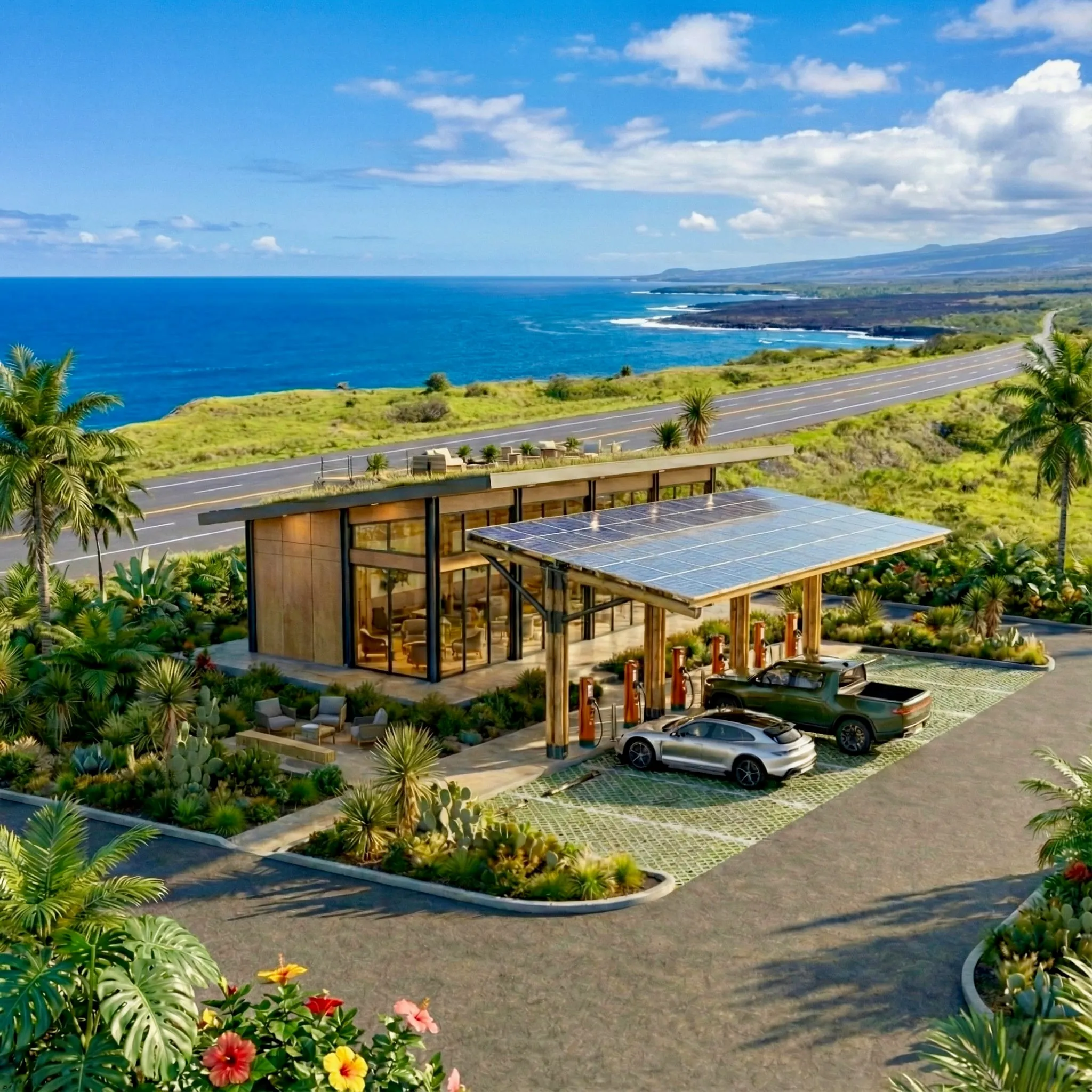 Concept rendering of a Rangeway Waystation in Hawaii with a solar canopy, glass lounge, tropical landscaping, and ocean beyond
