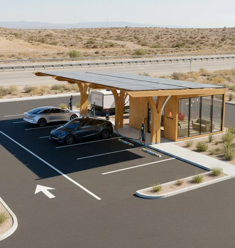Concept rendering of a compact Rangeway Waystation with solar canopy, chargers, and glass lounge beside a desert highway